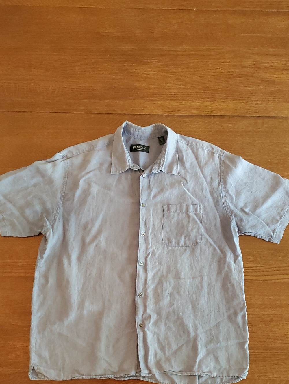 Brandini Short-Sleeve Casual Button-Down Shirt in Light Blue Linen.